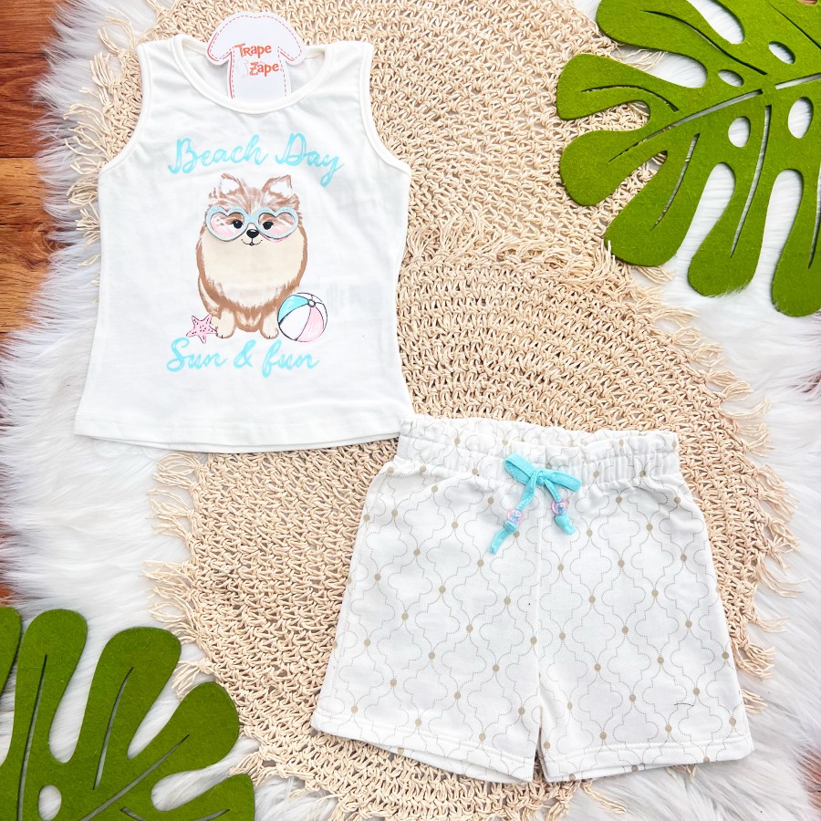 Conj. Regata Beach Dog e Short - Branco e Areia